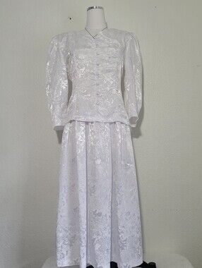 Vintage Edwardian Inspired Elegant White Satin Jacquard Midi Dress W 3/4 Sleeves
